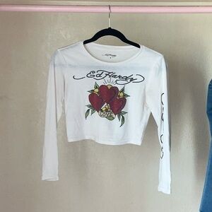 Ed Hardy White Long Sleeve Tee with Red Heart Motif